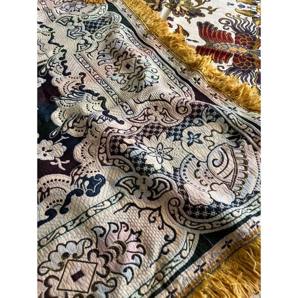 Cream gold blue burgundy rectangular embroidered tablecloth with gold fringe - Picture 4 of 6